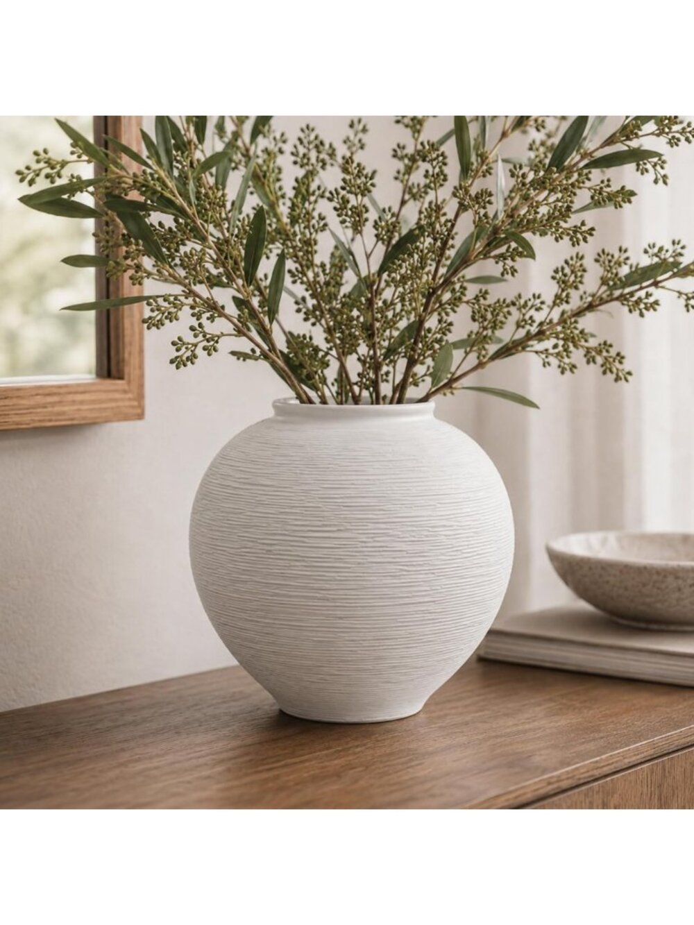 Textured White Ceramic Vase - 9-Inch Round Decorative Home Accent Piece